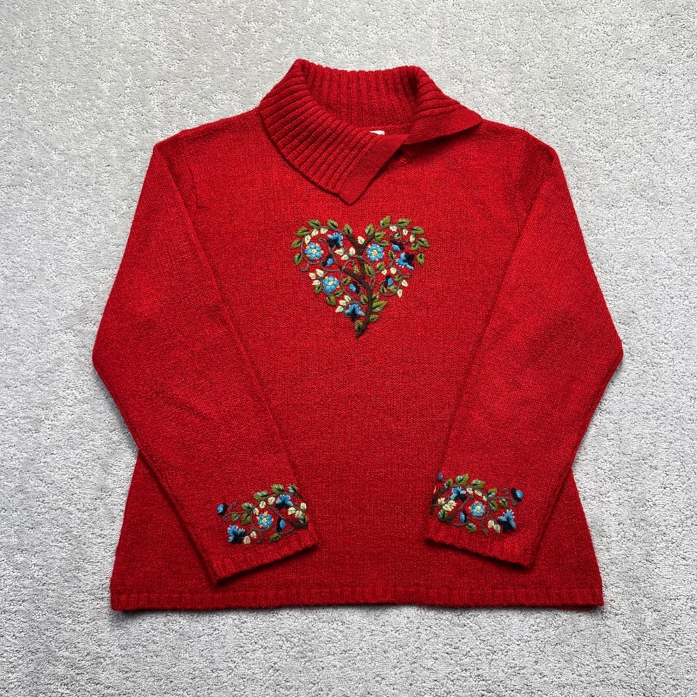 Coldwater Creek Sweater Womens XL‎ Red Floral Heart Embroidered Acrylic Cottage